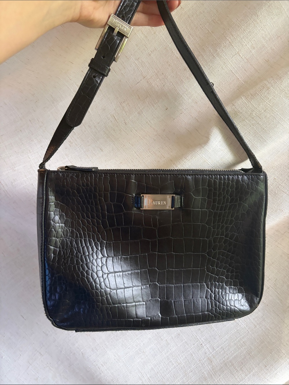 Lauren by Ralph Lauren Black Croc-Embossed Leather Shoulder Bag